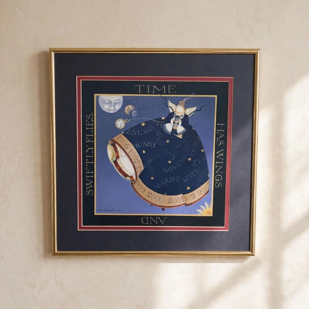 VTG 1999 Time Has Wings Angel Print Framed 14x14 Celestial Nostalgic Decor
